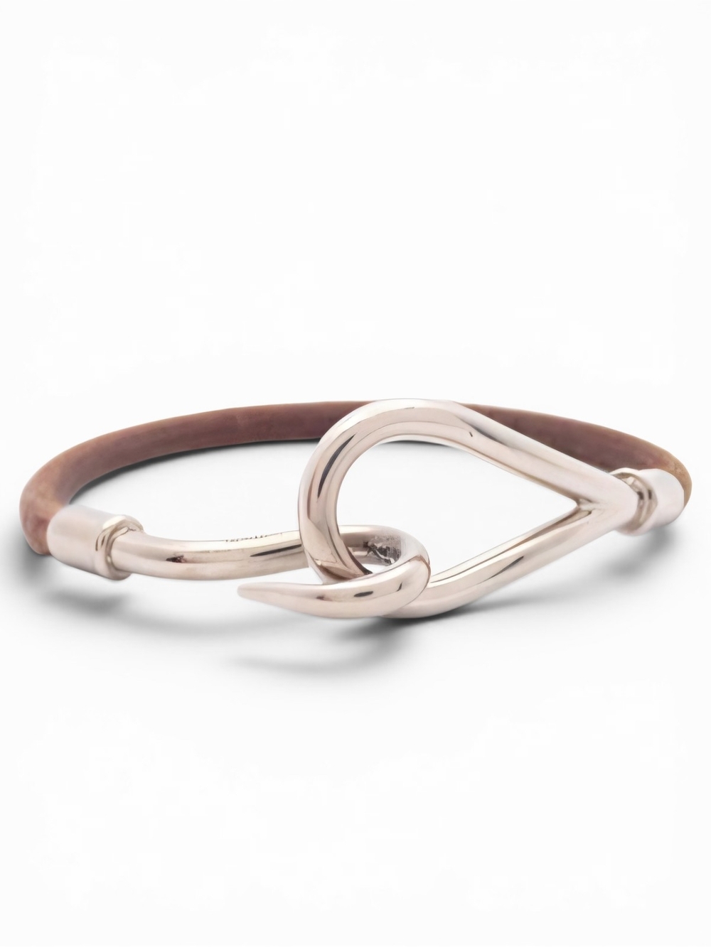 HERMES Jumbo Bracelet Silver-Tone Hook Leather Bracelet Brown